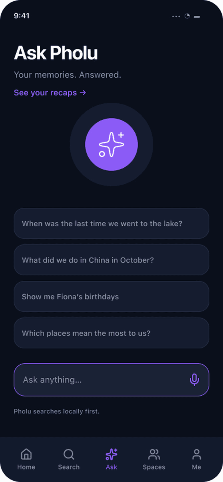 The Ask Pholu screen: suggested questions and a single ask field, with the note that Pholu searches locally first
